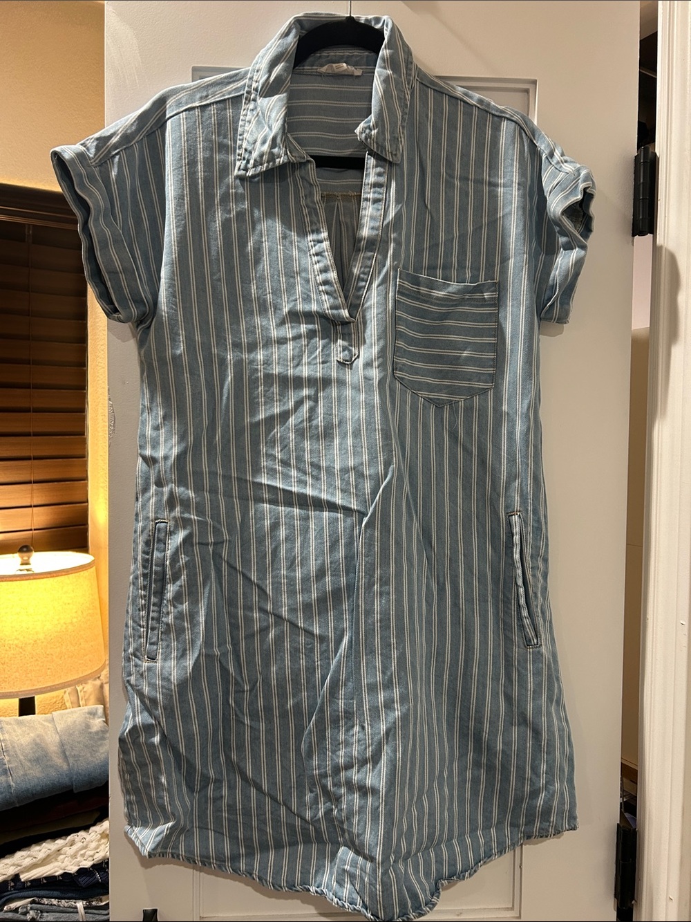 Blu Pepper Blue and White Striped Casual Button-Down Shirt Dress
